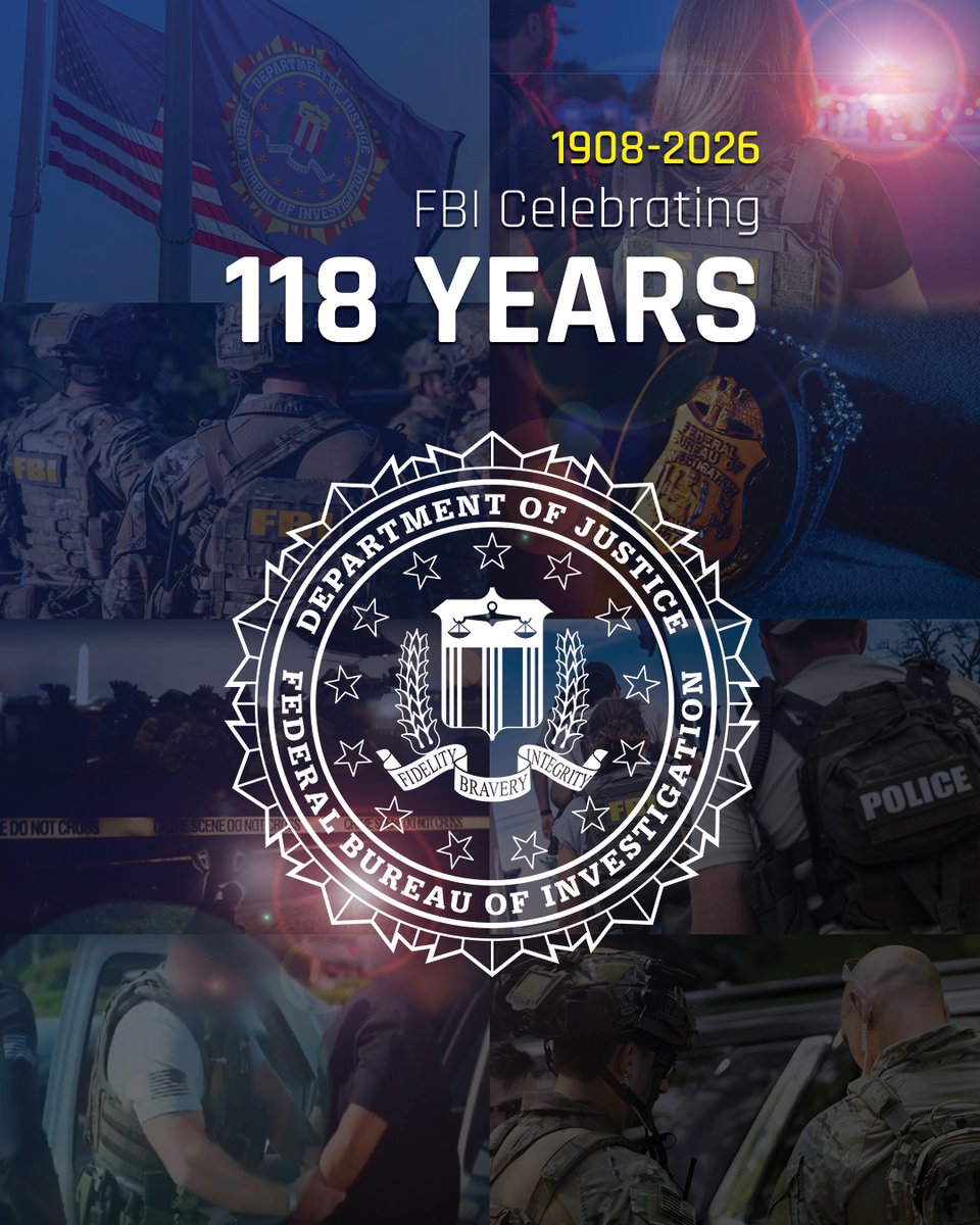 FBIBoston's tweet photo. Today marks the 118th anniversary of the FBI! Our priorities have evolved since 1908, and today we are more committed than ever to crushing violent crime, defending the homeland, supporting our law enforcement partners, and engaging with the communities we serve. We take pride in upholding the Constitution and protecting Americans, and our important mission will not stop for many more years to come. Read more: https://t.co/JcwQxGCzYw.