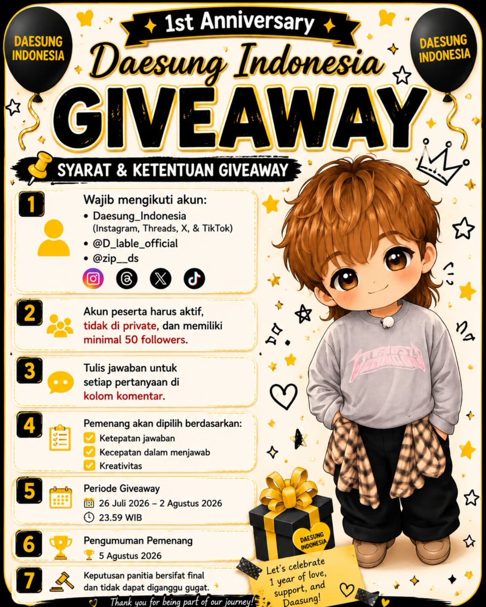 Daesung_IDN's tweet photo. 🎉 1ST ANNIVERSARY DAESUNG INDONESIA GIVEAWAY! 🎉

​Sebagai bentuk terima kasih atas support kalian selama 1 tahun ini, kami mau bagi-bagi hadiah buat 5 orang pemenang! 🎁✨ https://t.co/B63KWFufnc