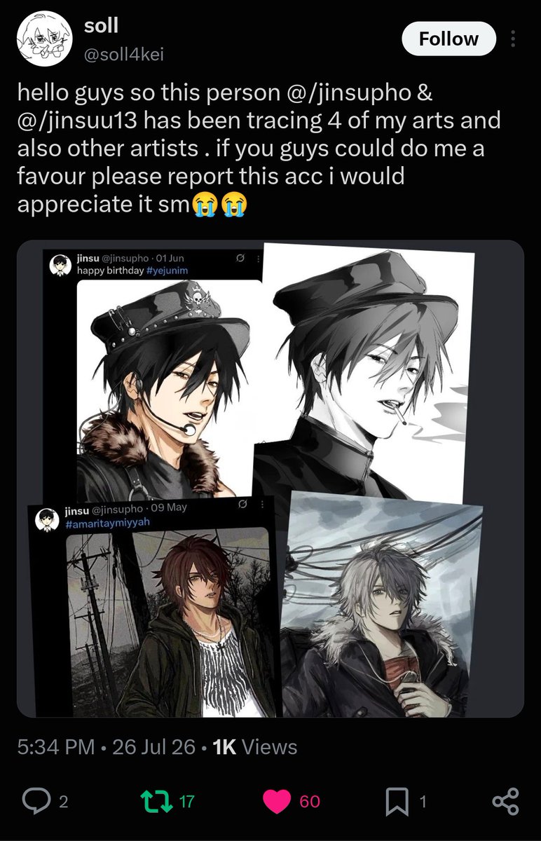 YuuniiSoNice's tweet photo. Not only did you steal/trace another artist's work, but you also fed it into AI?  The way your "drawings" look completely different every time you post only makes it more obvious how unoriginal and fraudulent your work is. Be ashamed. Pls report them! @/jinsupho https://t.co/pnQxukw2T7
