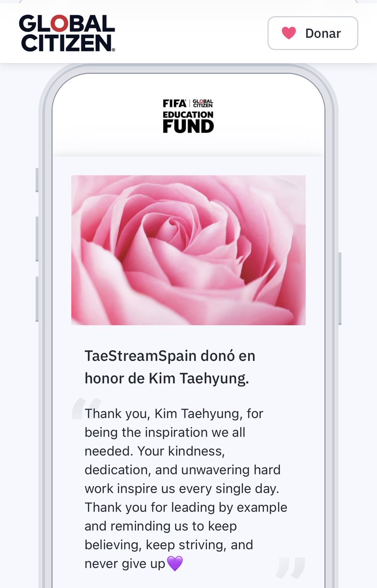 taeteamspain's tweet photo. Inspired by Kim Taehyung’s kindness and the incredible generosity of V Global Fanbases, we were proud to make a donation to the FIFA Global Citizen Education Fund.

Thank you, Kim Taehyung, for being the inspiration we all needed.
Your journey is a guiding light, helping us find our own paths.
Your compassion, humility, and hard work inspire us to be better people every day.
Here’s to spreading kindness and making a positive difference together... 💜

#V #KimTaehyung #Taehyung #thv #BtsV #뷔 #김태형 #태형 #テテ
 #金泰亨
BORAHAE TAEHYUNG
KEEP SHINING KIM TAEHYUNG