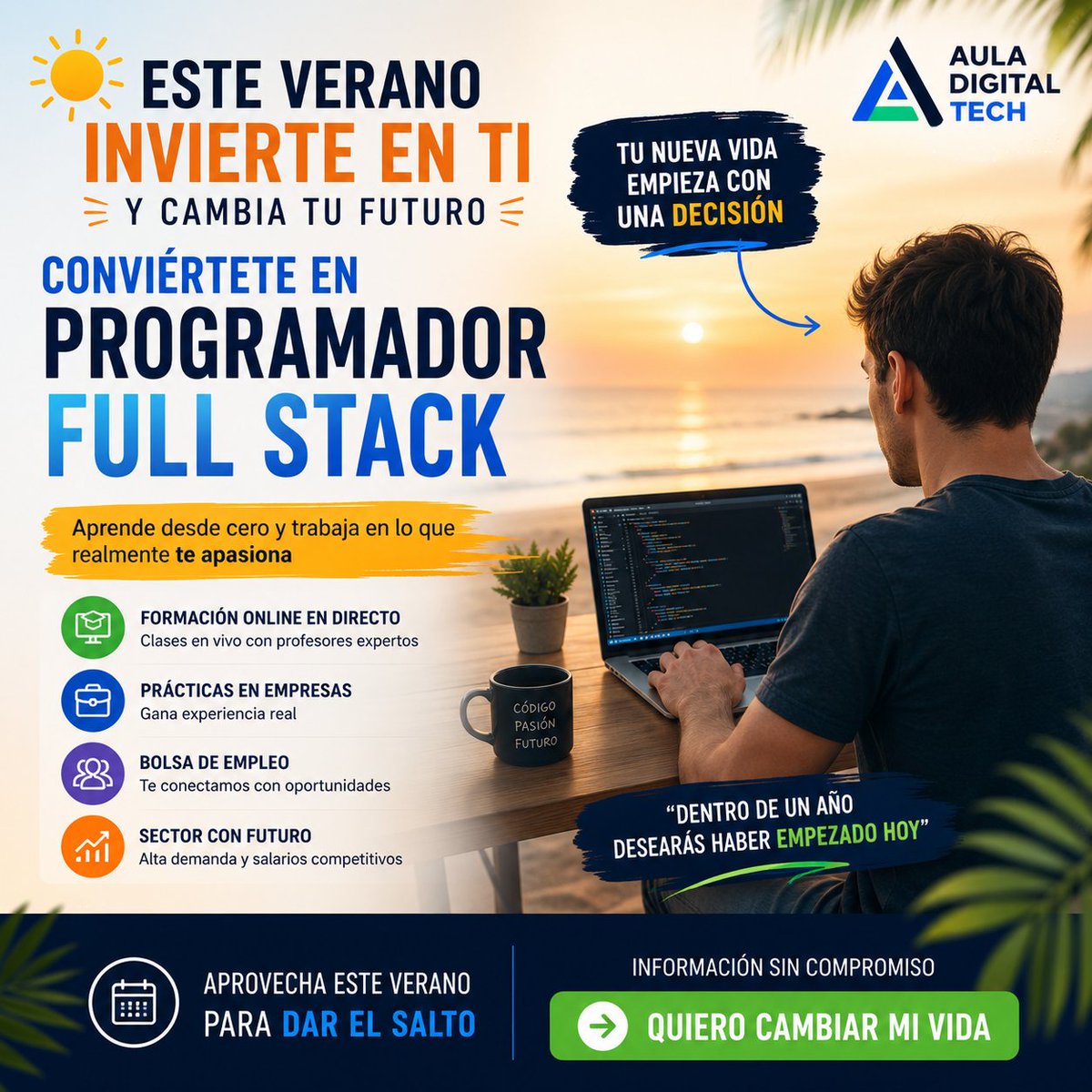 ImpulseDigital2's tweet photo. 🌞 Este verano con nuestro #Bootcamp de Programación Full Stack aprenderás desde cero a desarrollar aplicaciones web. Dar el primer paso
❤️y🔁

#DesarrolloWeb #EmpleoTecnológico #CambioDeVida #FormaciónOnline #LaVeladaDelAñoVI #Tecnología #CarreraProfesional https://t.co/CXDlg5kDba
