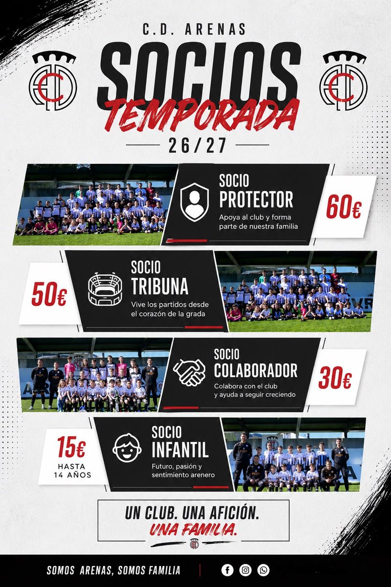 cdarenas_'s tweet photo. 📣 ¡Ya está aquí la campaña de socios del C.D.Arenas!

Socio Protector: 60 €
Socio Tribuna: 50 €
Socio Colaborador: 30 €
Socio Infantil (hasta 14 años): 15 €

💪 Cada carnet cuenta. Cada socio suma.

¡Hazte socio y forma parte de nuestra familia! https://t.co/eUU6VlmogQ