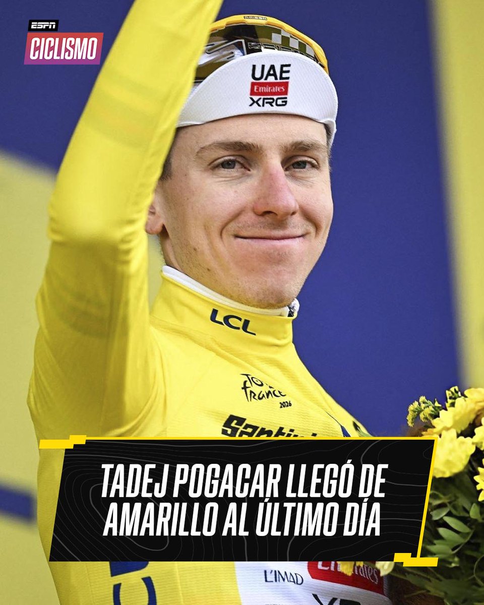 ESPNCiclismo's tweet photo. ¡EL VIAJE LLEGÓ A SU ÚLTIMA ETAPA! 🔥🔝

Tadej Pogacar lleva 16 etapas consecutivas portando el maillot amarillo y lo coronará en París. 💛 https://t.co/vom8mS7xZX