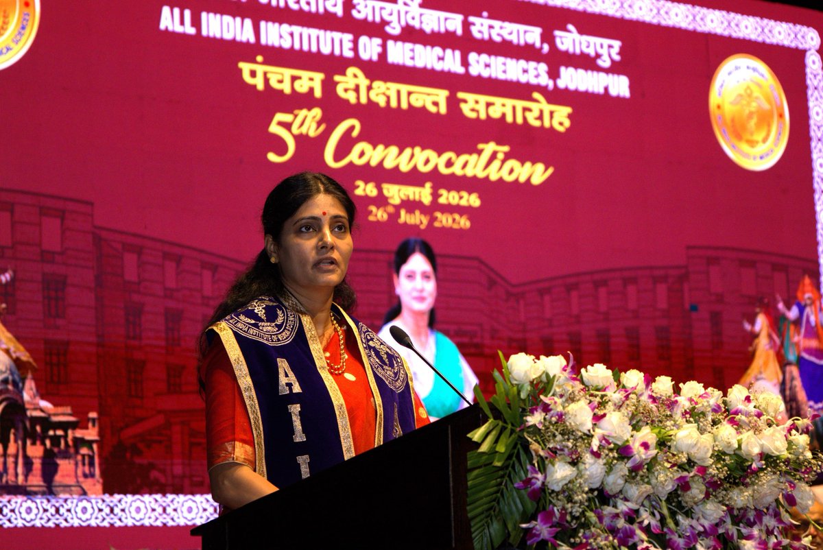 aiims_jodhpur's tweet photo. "Medicine is not just a career, but a mission."

Addressing the graduating students at the 5th Convocation of AIIMS Jodhpur, Smt. Anupriya Patel, Hon'ble Union Minister of State for Health & Family Welfare and Chemicals & Fertilisers, urged young doctors to serve with compassion, humility and integrity, reminding them to "not just treat a disease, but heal the patient."

#AIIMSJodhpur #5thConvocation #Convocation2026 #MedicalEducation

@JPNadda @AnupriyaSPatel @mpprataprao @MoHFW_INDIA