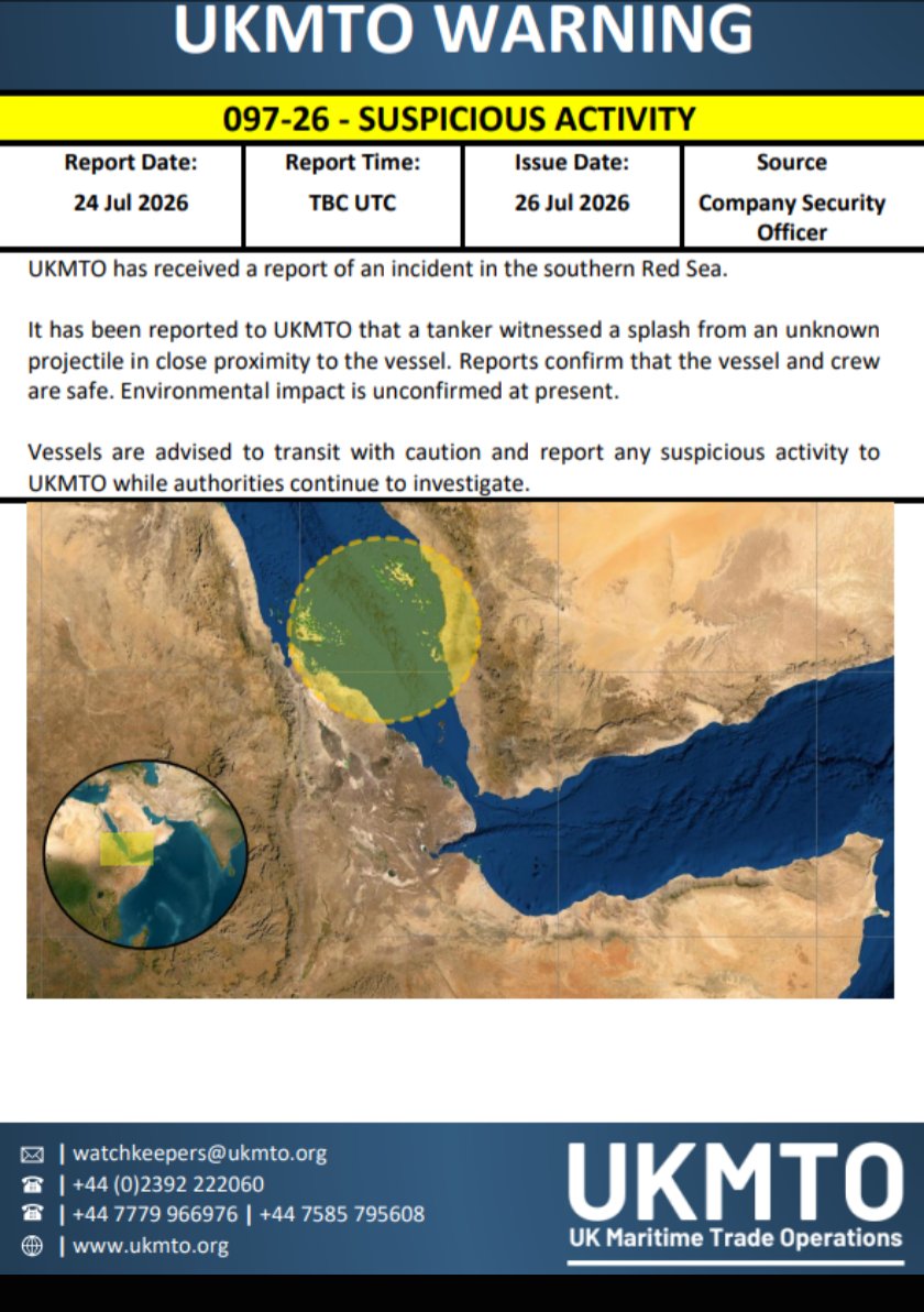 alaedroos's tweet photo. تلقت UKMTO بلاغًا عن حادث في جنوب البحر الأحمر.

أُبلغت UKMTO أن ناقلة نفط شهدت ارتطامًا بجسم غريب بالقرب من السفينة. وتؤكد التقارير أن السفينة وطاقمها بخير. ولم يتم تأكيد الأثر البيئي في الوقت الحالي.
#هو_الله 
#الحصار_بالحصار https://t.co/cXBOh2pS1L