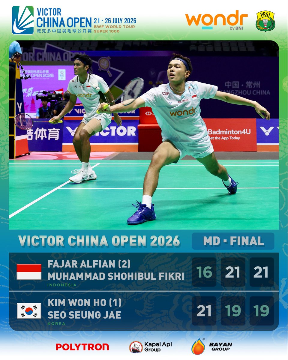 INABadminton's tweet photo. FAJAR/FIKRI PERTAHANKAN GELAR JUARA CHINA OPEN!!! 🔥🔥🔥❤️‍🔥❤️‍🔥❤️‍🔥

TERIMA KASIH TERIMA KASIH!!! 🏸🇮🇩

✖️🚫💊

#BadmintonIndonesia #ChinaOpen2026 https://t.co/3jsZwbNEOC
