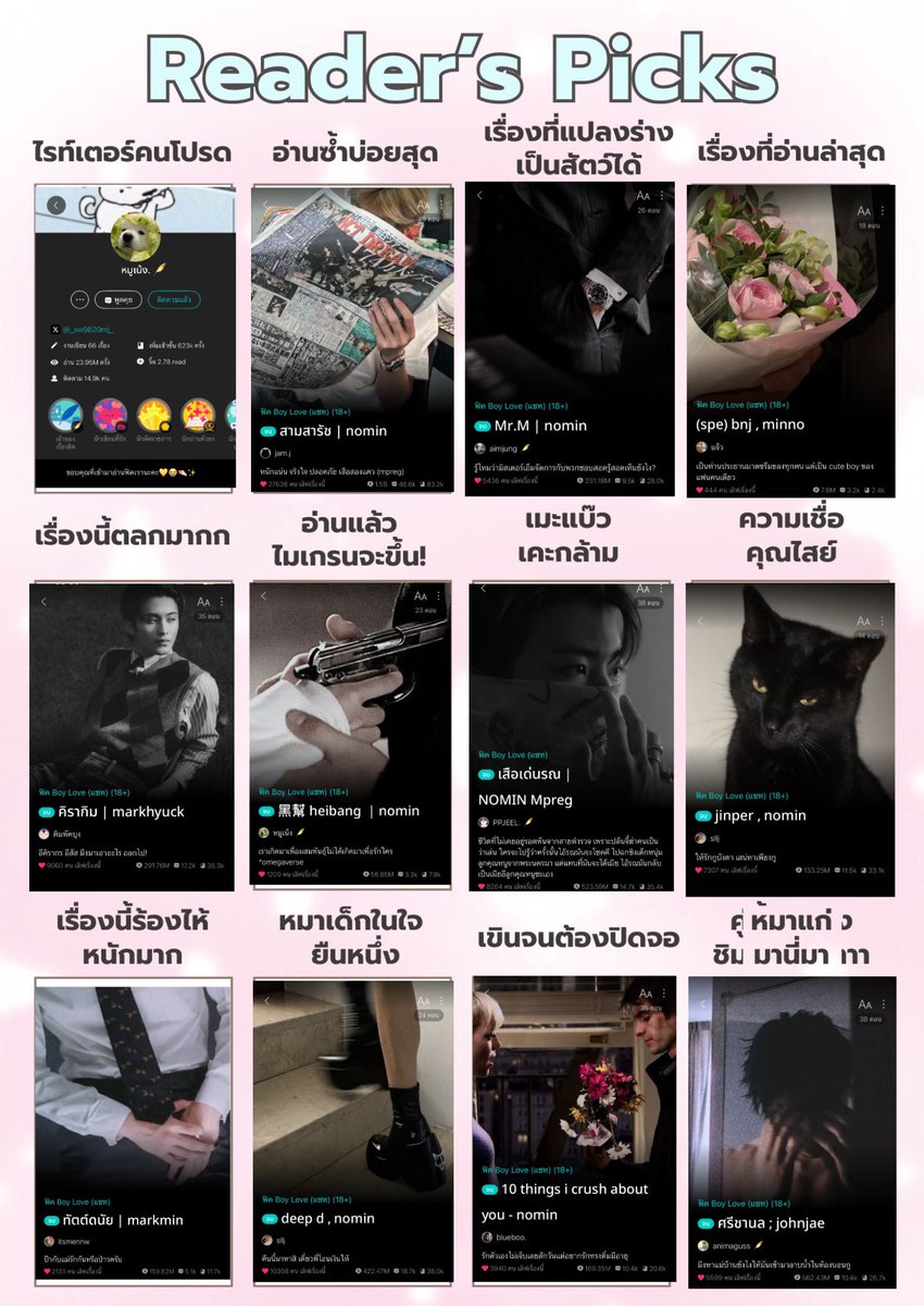 boyodreamm's tweet photo. มาแล้ววส่วนใหญ่จะเป็นโน่มินแต่จริง ๆ อ่านไปเรื่อย🥹

ไรท์คนโปรด - คุณหนูเน้ง ฟิคสั้น กระชับ ดำเนินเรื่องเร็ว
อ่านซ้ำบ่อย - สามสารัช หนูรักพี่สาม ช่วยพี่สามเลี้ยงบักเพชร 
แปลงร่างเป็นสัตว์ - จริง ๆ รักจักรวาลแมวของคุณไรท์ aimjung ทุกเรื่องเลย 
อ่านล่าสุด - เบนนี่จูน เพิ่งจบเลย🥺
เรื่องตลก - คิรากิม ด่ากันเหมือนคนเล่นทวิตจริง ๆ 🤣
ไมเกรนจะขึ้น - เรื่องนี้ปวดหัวทุกตอน อ่านแล้วหงุดหงิด กดเข้ากดออกอยู่อย่าง
เมะแบ๊วเคะกล้าม - เสือเด่นรณ หมอกับโจร 
ความเชื่อคุณไสย - jinper อ่านจบอึ้ง ช็อค
ร้องไห้หนักมาก - มีหลายเรื่องหลายคู่แต่ขอยกเรื่องนี้เพราะเป็นเรื่องแรก ๆ ที่อ่าน😭
หมาเด็ก - ก็ต้องดีมหมามอมกับพี่ไอนะคนสวยดิ
เขินจนปิดจอ - พี่บี๋ บวรเท่านั้น! 
หมาแก่ - เฮียแสนน้องชลเท่านั้น