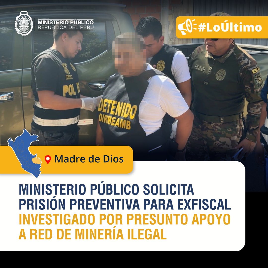 FiscaliaPeru's tweet photo. 🚨 #LoÚltimo | Fiscalía Especializada en Materia Ambiental (FEMA) de Lima Noroeste, a cargo del fiscal provincial Paulo Brancacho Japa, solicitó prisión preventiva por 18 meses para el exfiscal especializado Américo Bautista, investigado por su presunto apoyo a Eneyser Fernández, alias 'Brayan', señalado como líder de la banda 'Los sanguinarios de La Pampa', en Madre de Dios. La audiencia judicial se realizará hoy domingo, 26 de julio, a las 2 p. m. 

✅ Bautista, quien fue parte de la FEMA Madre de Dios, es imputado por los presuntos delitos de banda criminal, encubrimiento real y tráfico ilícito de insumos químicos y maquinaria destinada a la minería ilegal, ya que habría alertado a la red criminal de operativos de interdicción, participado en la estrategia legal y obtenido beneficios económicos de la misma. 

✅ A través de estas acciones, la Fiscalía Especializada en Materia Ambiental continúa su lucha contra la minería ilegal para alcanzar sanciones ejemplares y medidas necesarias para  evitar la infiltración de malos elementos en la institución.