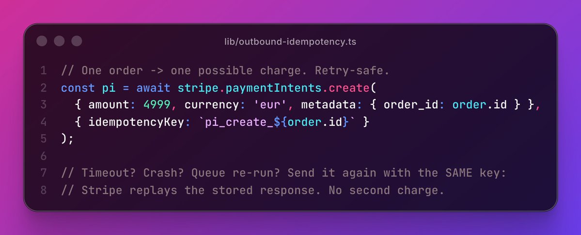 rostyslab's tweet photo. Webhook dedupe won't save you from this one.

Your payment request to Stripe times out. Did the charge go through? You don't know. Most code retries blindly - and charges the customer twice.

Stripe has a built-in fix that AI-generated code almost never uses 👇 https://t.co/fCuHwm5xxI