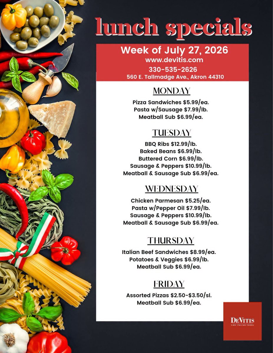 DeVitisMarket's tweet photo. It's the last week of July, wow! 😮 We look forward to serving you some of these delicious Hot Lunches! https://t.co/68hJg0Rod7