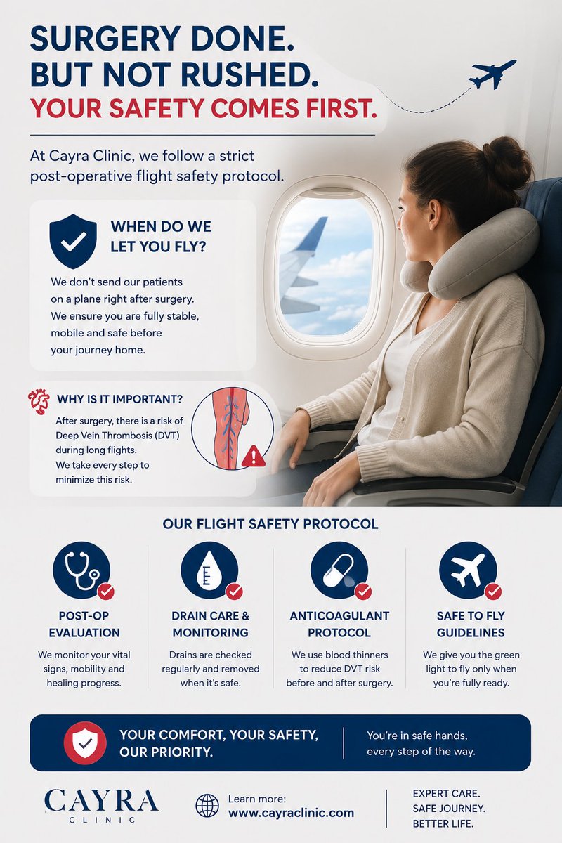 CayraClinic's tweet photo. Your surgery may be over, but your recovery isn’t.

We don’t send patients straight to the airport. Every flight is approved only when it’s medically safe.

🌐 https://t.co/eeZ2MPHwUq

#PostOpCare #PlasticSurgery #Turkey https://t.co/GawyVgwU6Q