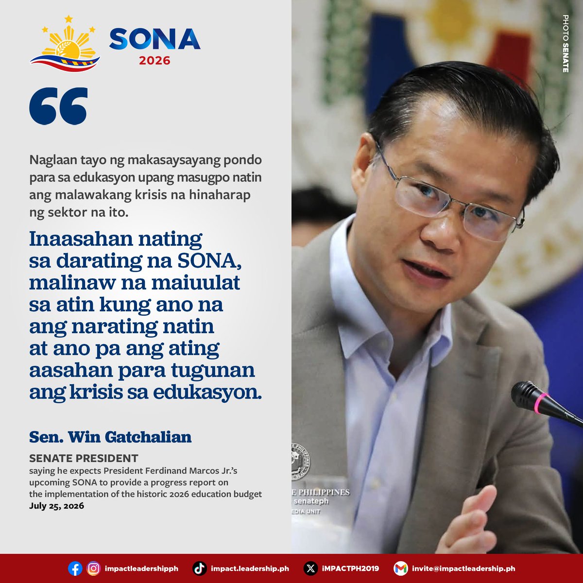 iMPACTPH2019's tweet photo. WIN SEEKS SONA UPDATE ON RECORD EDUCATION BUDGET

Senate President Win Gatchalian said he expects President Ferdinand Marcos Jr.'s upcoming SONA to provide a progress report on the implementation of the historic 2026 education budget.

https://t.co/5ezeV6J6UH https://t.co/xZi8t6DVDz