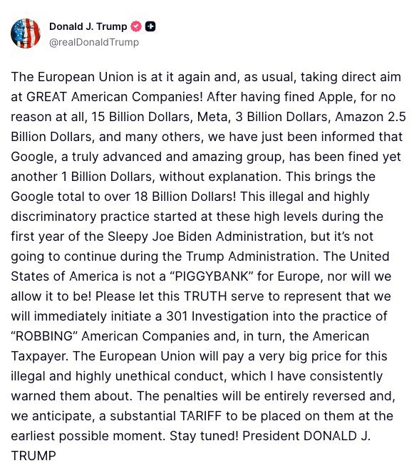 DeepMorpho's tweet photo. トランプ氏、Googleへの制裁金でEUは「非常に大きな代償」を払うと発言　07.25  - Insider Paper
#トランプ #EU 
https://t.co/GaEG6jmbpM https://t.co/1G0YgDscKn
