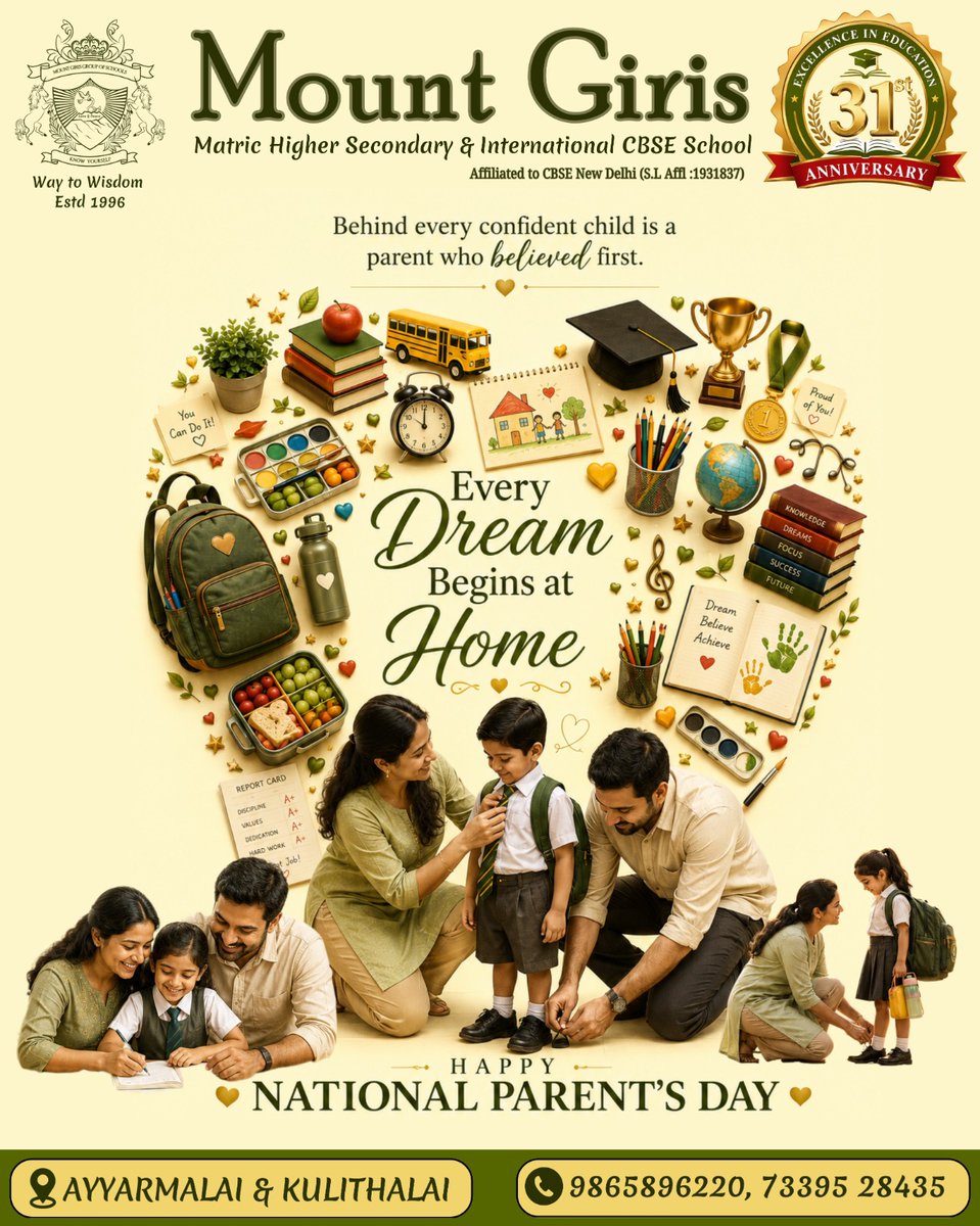 MountGiris's tweet photo. 👫✨*Happy Parent's Day*✨👫
Matric Higher Secondary &amp;
 International CBSE School
   Ayyarmalai &amp; Kulithalai
9865896220 &amp; 7339528435
    💫Way to Wisdom 💫
     💫Know Yourself 💫
      💫Love &amp; Peace 💫
#happyparentsday2026
#mountgirisschools
#ayyarmalai #kulithalai https://t.co/tg1FNuemTm