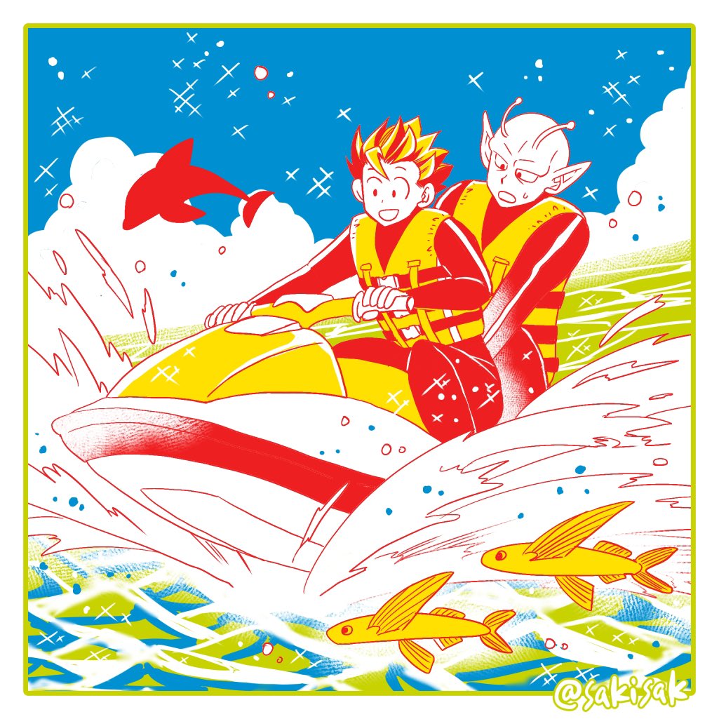 sakisak's tweet photo. 水上バイク体験する師弟。
カラーパレットは「トロピカル」
🍚ちゃん、扉絵なんかでわりと色んな乗り物運転してるので、こういうの得意だと思う！ https://t.co/7BvqDY2ZUw