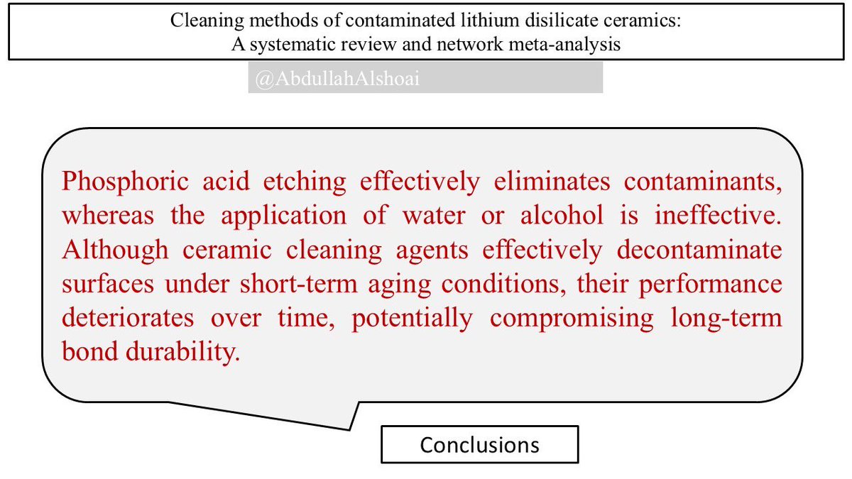 AbdullahAlshoai's tweet photo. #Dental_Updates 

Cleaning methods of contaminated lithium disilicate ceramics: A systematic review and network meta-analysis

J Prosthodont Res. 2026; 70(2): 183–191 https://t.co/hSDzPBW4Vp