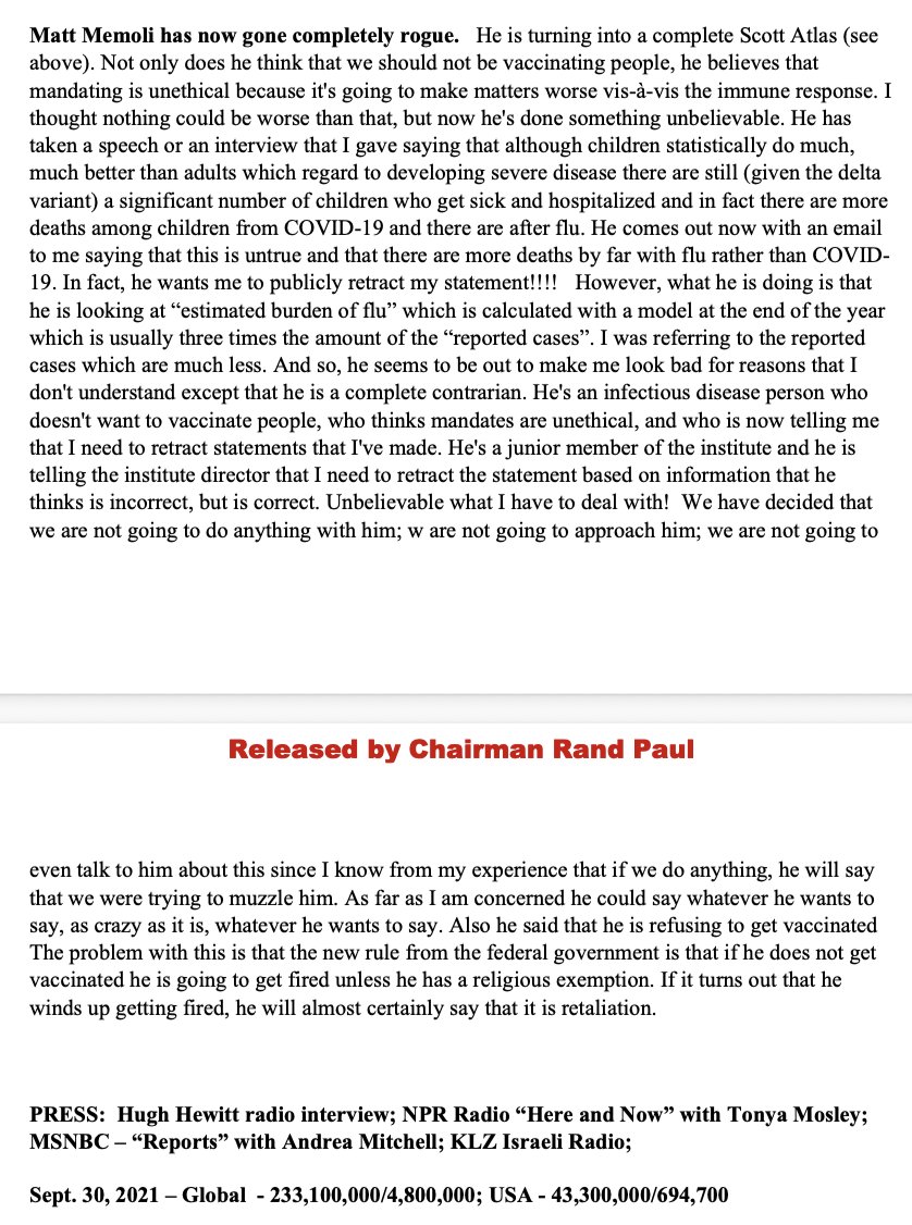 MaryBowdenMD's tweet photo. Fauci's Diary, Sept 29, 2021:
Kudos to Dr. Matt Memoli who stood up to Fauci in 2021 as a junior staffer of NIAID. He's now Principal Deputy Director of NIH.

Fauci is outraged... "Not only does he think we should not be vaccinating people, he believes that mandating is unethical...."  

Read the entire temper tantrum, well worth it!