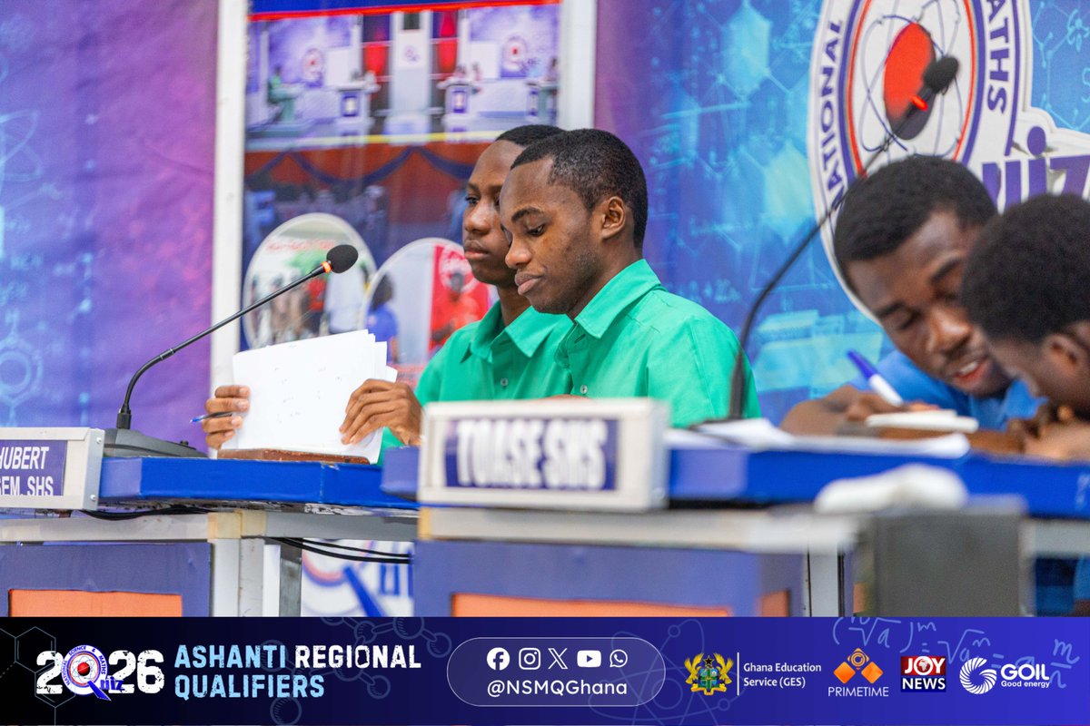 NSMQGhana's tweet photo. ASHANTI:

End of Contest 

St. Hubert Sem. SHS: 56pts 🟩🟩🟩
Afua Kobi Ampem Girls' SHS: 50pts
Toase SHS: 33pts

After a thrilling contest, SAHUSS takes the fifth slot in the Ashanti #NSMQRegionals

#NSMQ2026 #Primetime https://t.co/vmZjmcYO2f