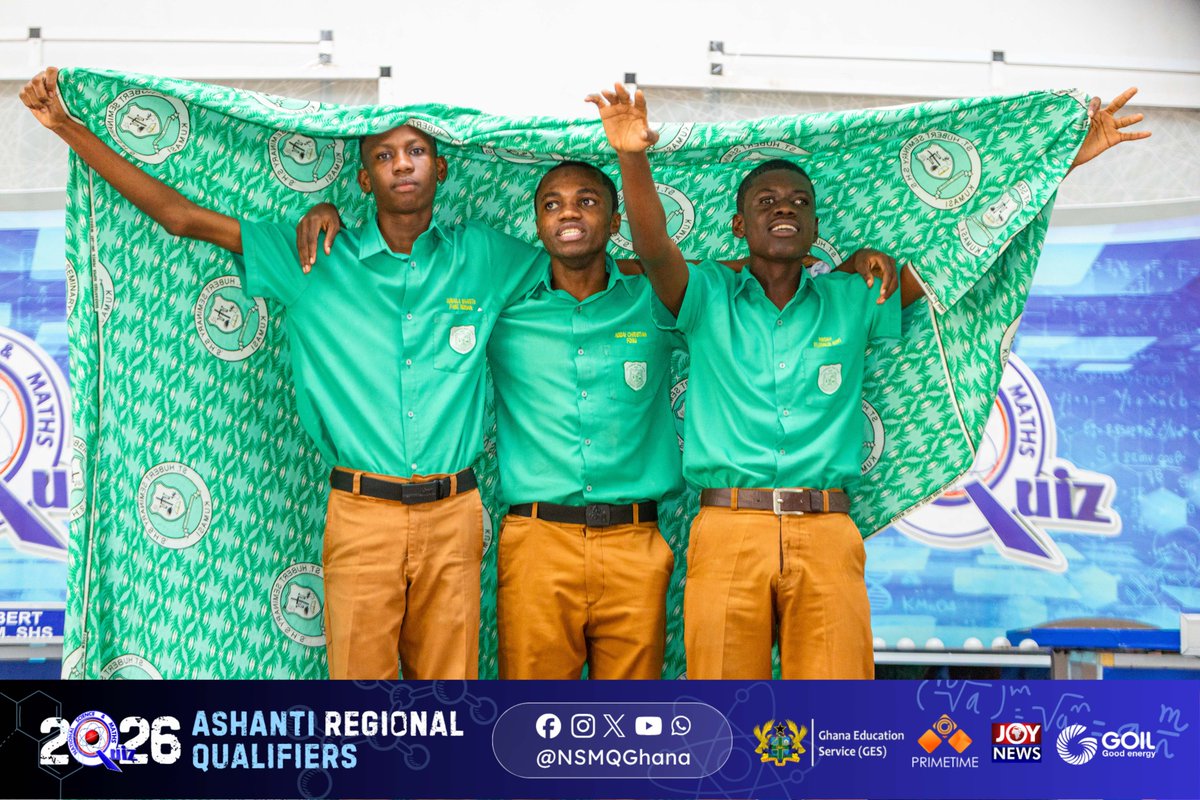 NSMQGhana's tweet photo. ASHANTI:

End of Contest 

St. Hubert Sem. SHS: 56pts 🟩🟩🟩
Afua Kobi Ampem Girls' SHS: 50pts
Toase SHS: 33pts

After a thrilling contest, SAHUSS takes the fifth slot in the Ashanti #NSMQRegionals

#NSMQ2026 #Primetime https://t.co/vmZjmcYO2f
