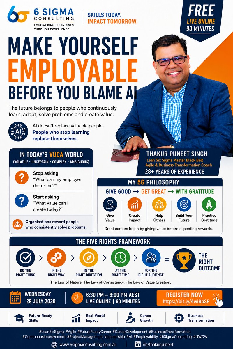 6SigmaTrainers's tweet photo. 🚀 Feeling stuck in your career?
AI isn't replacing professionals who keep learning—it rewards those who adapt.
Join 🚩FREE 90-minute Future Ready Career Accelerator 2026 and discover practical strategies to stay relevant in the AI era.
🎓 Register: https://t.co/uvkrNWBQsS
#FRCA https://t.co/EhVeYRsZxC