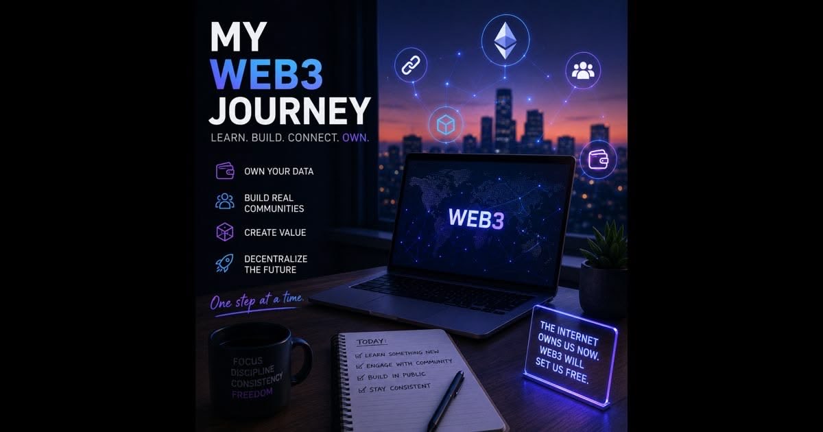 Illumijosh's tweet photo. Day 4/100 of my Web3 journey.
Today I’m learning that Web3 isn’t just about crypto. It’s about ownership, communities, and building products that people actually use. One step at a time. 🚀

#Web3 #Day4of100 #BuildInPublic #Crypto #Blockchain https://t.co/KakSt8XT5p