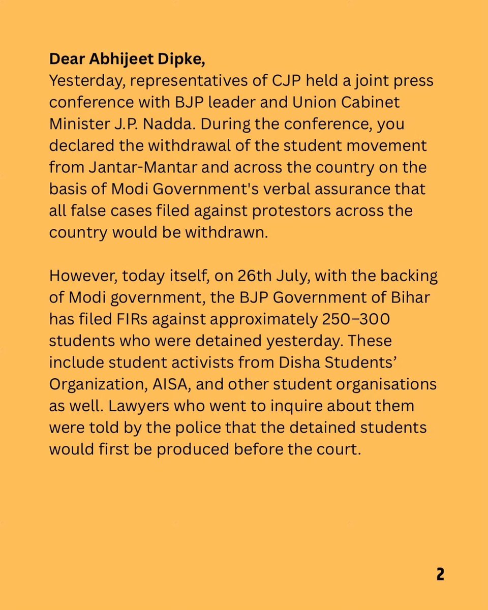AadeshSpeaking's tweet photo. An urgent appeal to @abhijeet_dipke @Cockroachisback @CJP_2029 

BJP government has filed 300 FIRs in Bihar https://t.co/XNMku8c4cz