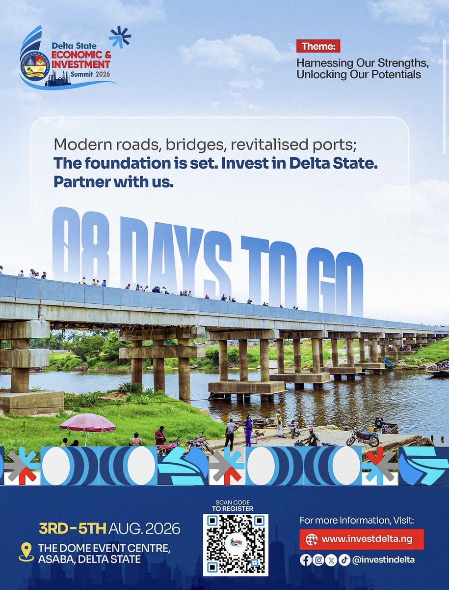 investindelta's tweet photo. From modern road networks to strategic bridges, Delta State is strengthening the connectivity that supports commerce, attracts investment, and unlocks new opportunities for growth.

Join us at the Delta State Economic and Investment Summit 2026. 

📅 August 3–5, 2026
📍 Dome Event Centre, Asaba

#deltainvestmentsummit2026 #investindelta #dis26