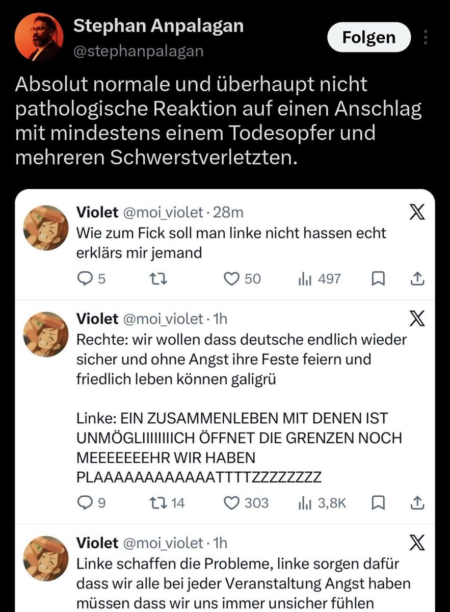 moi_violet's tweet photo. Örr Journalist versteht nicht wieso man wütend wird wenn im eigenen Land gefühlt jeden Tag Menschen durch sinnlosen Terror ermordet werden und man darauf einfach keinen Bock mehr hat 

Vollkommen empathielos, da fällt mir langsam auch nix mehr ein https://t.co/ysepHa3q6N