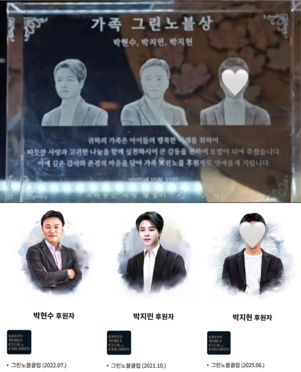 JiminLatinoFB's tweet photo. Jimin y su familia (padre y hermano menor) son la primera familia de tres integrantes en unirse al  selecto grupo Green Noble Club de ChildFund Korea ✨ un grupo exclusivo de grandes donantes que aportan montos superiores a los 100 millones de wones.

Es el ÚNICO idol en ser parte de los mayores donantes en Corea del Sur 🇰🇷 esta es la imagen que la gente tiene de él y su familia