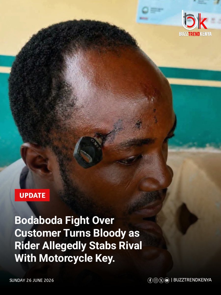buzztrendkenya's tweet photo. A fight between two bodaboda riders over a customer turned violent after one of them allegedly concealed a motorcycle key in his fist and punched his rival, leaving the key lodged in the victim's head.

Follow @buzztrendkenya https://t.co/fGPHWCgH1n