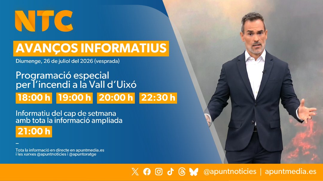 apuntnoticies's tweet photo. ⚠️📺 AVANÇOS INFORMATIUS esta vesprada a les ➡️18:00 h ➡️19:00 h ➡️20:00 h ➡️22:30 h

🔥 À Punt informa de l'última hora de l'#IFVallDuixo.

🔴 I a les 21:00 h, l'informatiu del cap de setmana amb totes les notícies en detall. https://t.co/MuOeUYUtvY