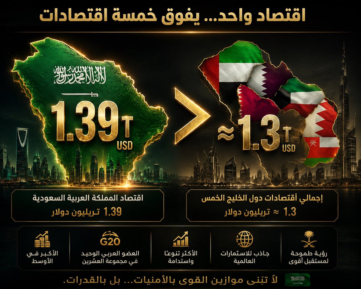 Motaz_Mirah's tweet photo. #هل_تعلم أن اقتصاد #السعودية_العظمى 🇸🇦 بلغ نحو 1.39 تريليون دولار، أي أنه يتجاوز إجمالي اقتصادات دول مجلس التعاون الخليجي مجتمعة⁉️

والأهم… ✋🏼

#هل_تعلم أن #السعودية 🇸🇦 هي : 

• الاقتصاد العربي الوحيد الذي تجاوز حاجز التريليون، • العضو العربي الوحيد في مجموعة العشرين (G20)، • وصاحبة أكبر اقتصاد في الشرق الأوسط⁉️

لذلك…

القوة الاقتصادية لا تُقاس بحجم الناتج المحلي فحسب، بل بتنوع الاقتصاد، وعمق السوق، وحجم الاستثمارات، والقدرة على جذب رؤوس الأموال، واستدامة النمو.

ولهذا…  لا تُبنى القوى الاقتصادية بالأمنيات  .. 

بل #بالأرقام.