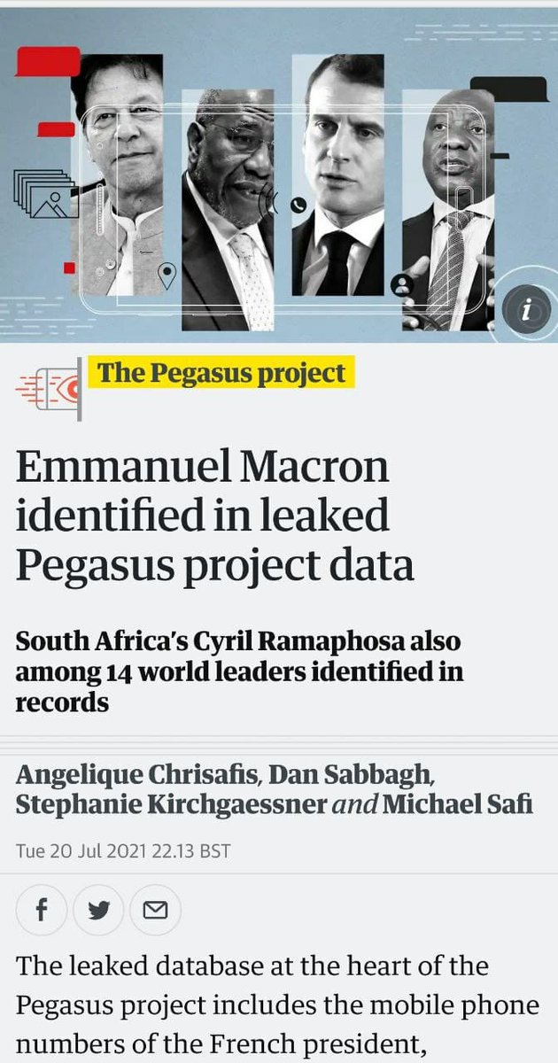 Lolita721611021's tweet photo. Cyril 'Frogboiler' Ramaphosa’s mobile phone number was on a list of targets for potential surveillance in the Pegasus spyware case. The UK’s Guardian reported that the leaked database at the heart of the Pegasus project includes the mobile numbers of 14 heads of state and heads of government, incl Ramaphosa, French President Emmanuel Macron and Pakistan Prime Minister Imran Khan.