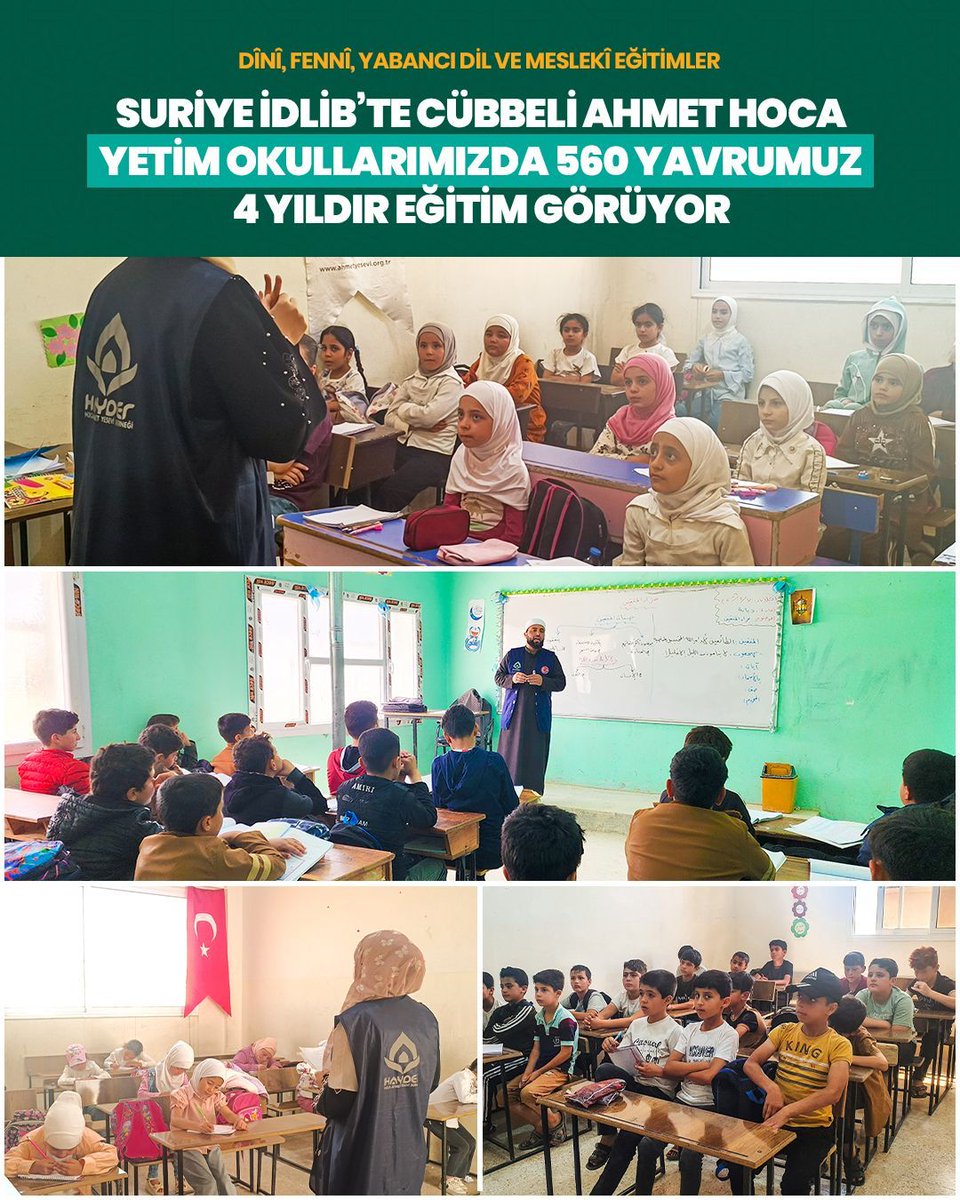 ahmetyesevider's tweet photo. 📚 Suriye İdlib’te bulunan Cübbeli Ahmet Hoca Yetim Okullarımızda, 560 yavrumuz 4 yıldır aralıksız eğitim görmeye devam ediyor. 🇹🇷

Yavrularımıza geleceğe umutla bakabilmeleri için:

☪️ Dînî Eğitimler
🔬 Fennî Eğitimler
🗣️ Yabancı Dil Eğitimleri
🛠️ Meslekî Eğitimler

başta olmak üzere çok sayıda alanda eşzamanlı eğitim veriyoruz.

Geleceğin mimarı yetim evlatlarımızın eğitimine destek vererek onların hayatına ışık tutabilirsiniz.

💳 Hoca Ahmet Yesevi Yardımlaşma ve Dayanışma Derneği
TR30 0020 9000 0032 8619 0000 01 (Ziraat Katılım Bankası)

📲 SMS ile Destek: YETIM yaz ➡️ 7253'e gönder ➡️ 100 TL bağışla
☎️ HAYDER İletişim Merkezi: 0212 923 1 923
🔗 Online Bağış: https://t.co/aUwLzS7UPK

#Suriye #İdlib #Yetim #CübbeliAhmetHoca