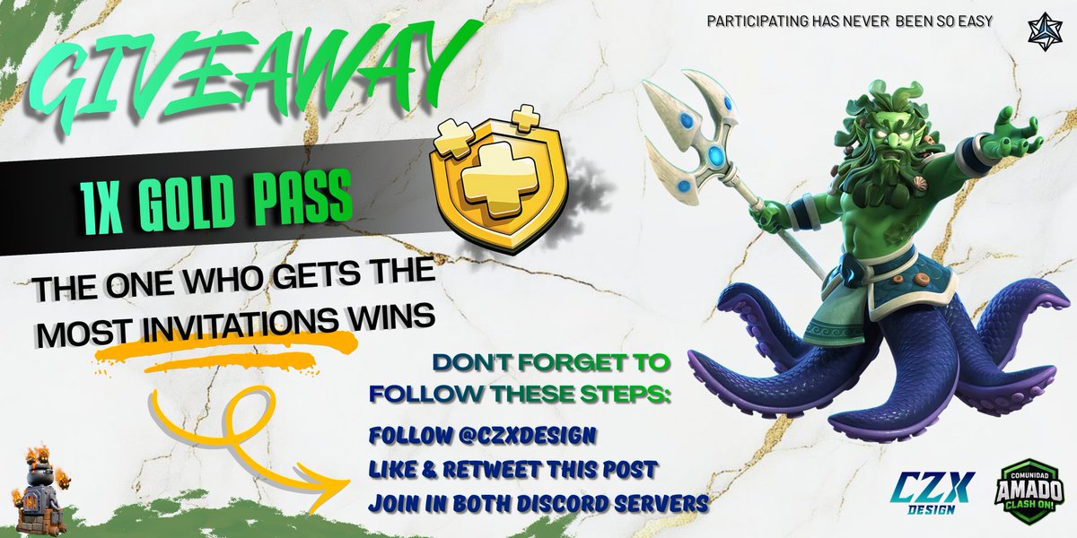 czxdesign's tweet photo. We're already at the 5th giveaway on the czxdesign server. This time, the game will be, whoever invites the most people to the server wins the golden pass.

The winner will be announced in one week

https://t.co/2C2aQc8E3K
https://t.co/ZCEKLP4hrA

#flyer #giveaway #clashofclans https://t.co/qeIF1lrimu