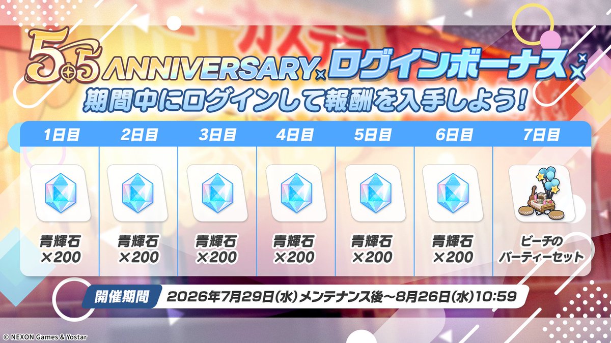 Blue_ArchiveJP's tweet photo. 【新情報⑦】
7月29日(水)メンテナンス後より、「5.5th ANNIVERSARYログインボーナス」が開催されます！
報酬として「チアキ(水着)」さんの家具モーション付き家具「ビーチのパーティーセット」や、「青輝石」などのアイテムを入手できます！
ぜひ毎日ログインして、全ての報酬を受け取ってくださいね♪

#ブルアカ
#ブルアカらいぶほっとの三段活用SP