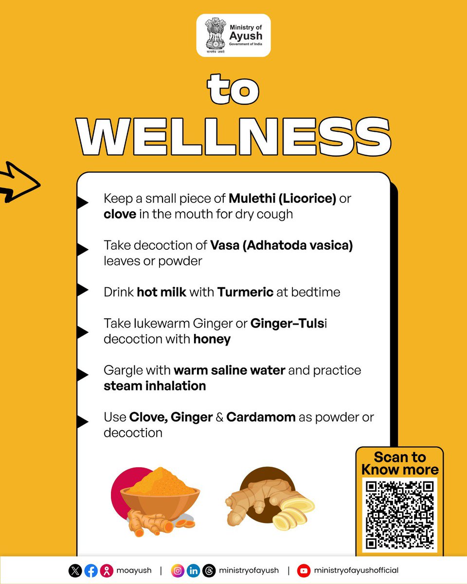 moayush's tweet photo. From symptoms to wellness - take the first step towards better respiratory health. 

Recognize the common signs of cough and explore simple Ayush-based self-care measures that can support comfort and recovery as part of a healthy lifestyle.

#Ayushforall #PublicHealth #TraditionalMedicine #HealthForAll #yoga

@PMOIndia | @narendramodi | @mpprataprao | @secymoayush  | @mdniy | @ccrhindia | @CCRAS_MoAyush | @DirectorCcryn | @AIIA_NDelhi | @WHO | @PCIMH_ | @nmpb1 | @NIAJaipur | @ccrschennai | @nischennai |  @DrRadheKrishan | @RAVDelhi | @ItraJamnagar | @NEIAHShillong01  | @CARI_newdelhi  | @RARI_Nagpur  | @CentralUnani | @BengaluruC35976   | @cari_guwahati  | @RARIAhmedabad  | @msrarijaipur  | @csmraddi  | @CariKolkata  | @DimapurRarc  | @RARCAgartala  | @RARIPortBlair  |  @HyderabadNiimh  @PIB_India | @PIBAYUSH | @DDNewslive |  @sansad_tv  @AIRNewsHindi  | @mygovindia | @MyGovHindi |