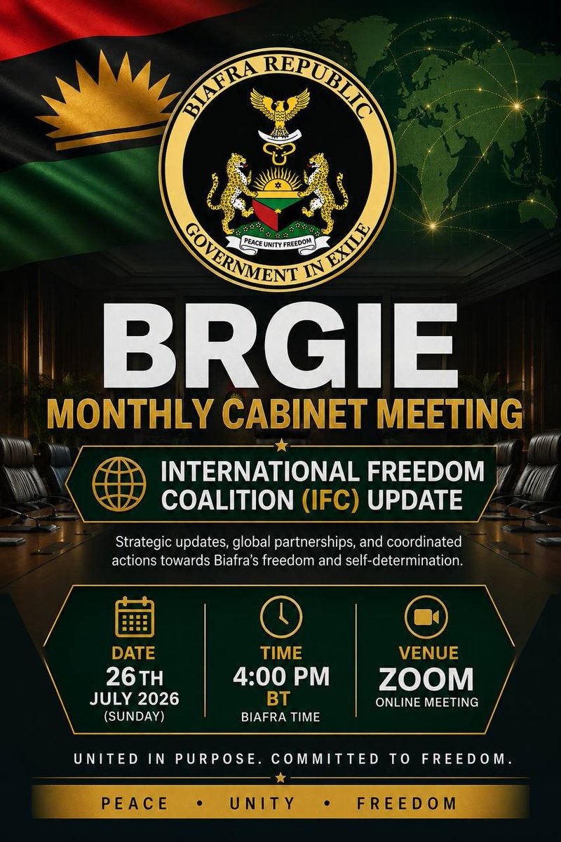 Ife672492766050's tweet photo. Breaking!!!!

BRGIE monthly cabinet meeting / International Freedom Coalition (IFC) update.

Link 👇 For The Zoom Meeting 

https://t.co/07xuur1XGw https://t.co/7NKdb2mbZG