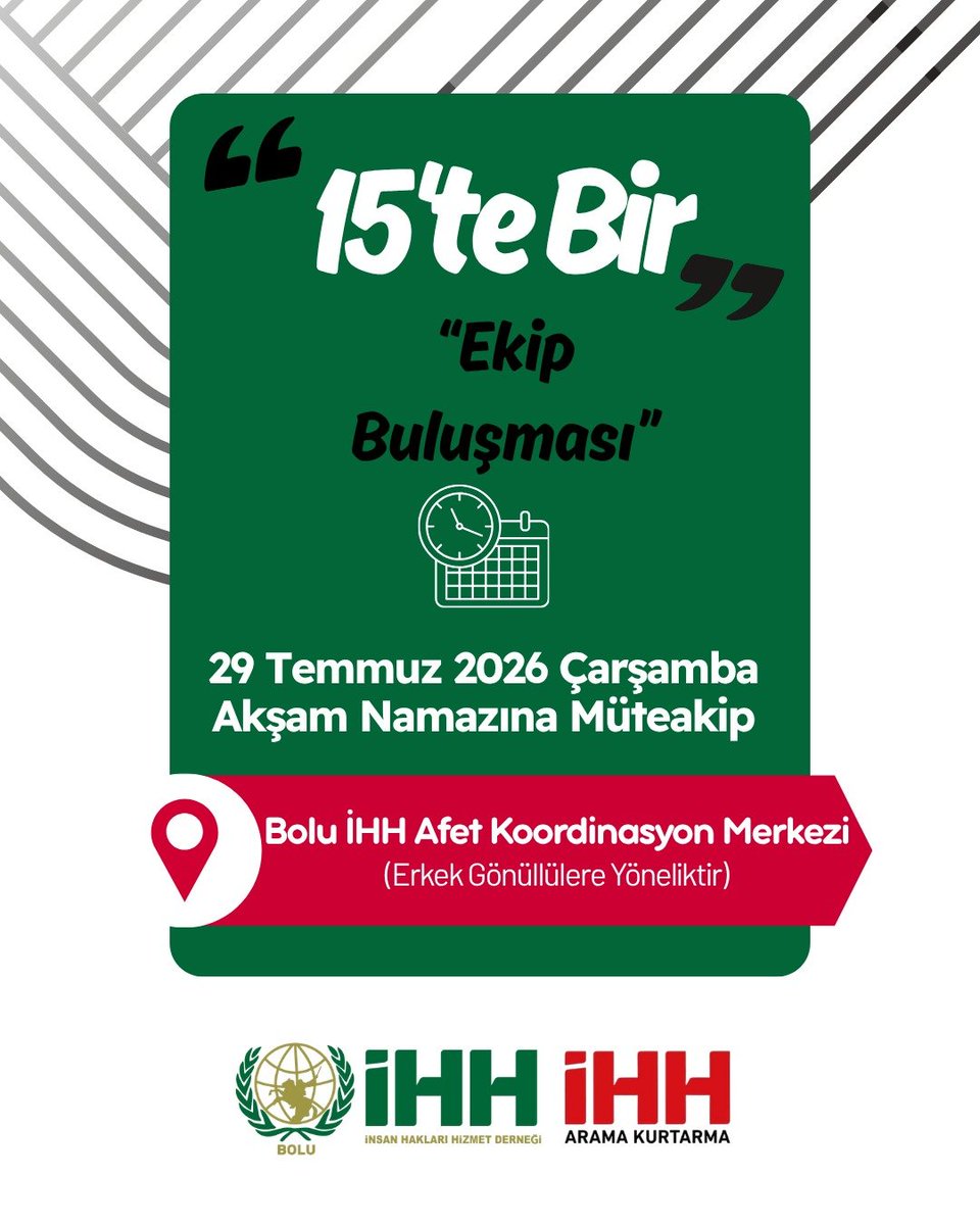 ihhsar14's tweet photo. Değerli Gönüllülerimiz,

29 Temmuz Çarşamba günü Enişte Bey Camii'nde kılacağımız akşam namazına mütakip "15'te Bir" buluşmamız yapılacaktır. 

📍 Konum: Bolu İHH Afet Koordinasyon Merkezi
🗺️ Harita: https://t.co/wjYfLnuZ8e https://t.co/9mfJZoEBWd