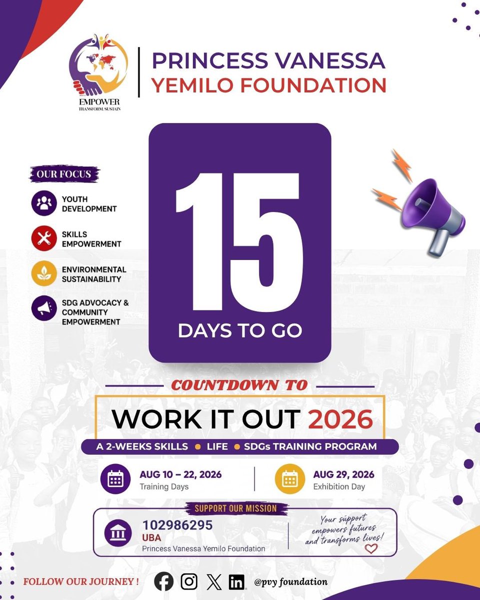 Pvyfoundation's tweet photo. Only 15 days to go! Work It Out 2026 is almost here. Get ready to learn practical skills, create solutions, and become part of a generation driving positive change together. https://t.co/V8CK5LZ8lc
