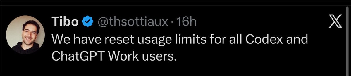 jturntdev's tweet photo. Dw everyone, instead of fixing Codex usage limits that everyone is complaining about.

We’ll just give everyone a reset, so nobody cares for two days? Just for it repeat?

Claude gives better limits than Codex lol https://t.co/3RGZHeBfro