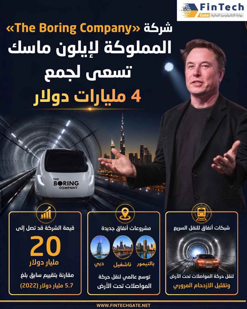 FintechGate1's tweet photo. تسعى شركة «The Boring Company» المملوكة لإيلون ماسك إلى جمع 4 مليارات دولار في جولة تمويل جديدة...

التفاصيل الكاملة في الرابط|| https://t.co/EFaYTnaP41

@boringcompany 

#FinTechGate #إيلون_ماسك #TheBoringCompany #النقل_الذكي #الابتكار #fintech_gate https://t.co/utnyDx534k