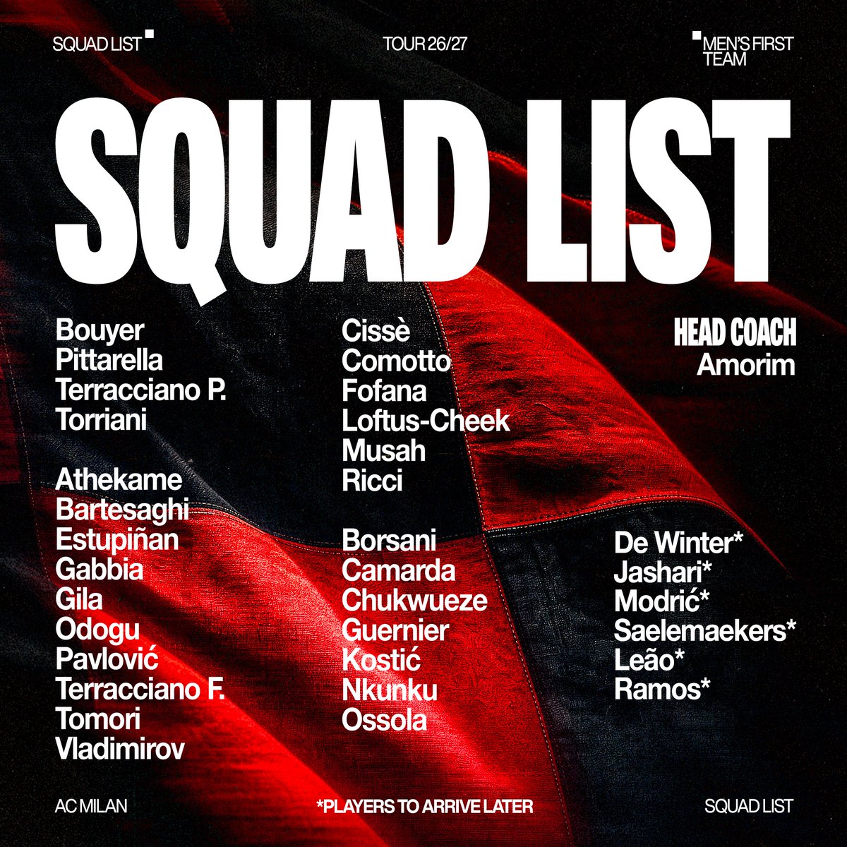 acmilan's tweet photo. Your Rossoneri squad for the Summer Tour 2026 📋