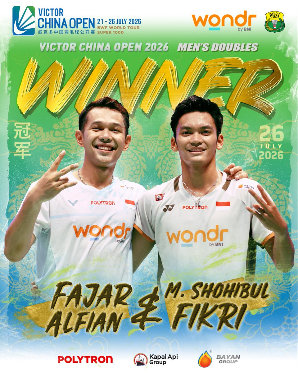 INABadminton's tweet photo. Dua pekan yang sempurna untuk Fajar/Fikri.

Dua gelar beruntun, pertahankan gelar China Open, dua kali taklukkan ganda nomor satu dunia.

KEREN!!! 😎🏸🇮🇩

Berikut perjalanan Fajar/Fikri di China Open 2026.

R32 vs Huang Di/Liu Yang (China) 21-15, 20-22, 21-9

R16 vs Takumi Nomura/Yuichi Shimogami (Jepang) 21-19, 21-11

QF vs Kang Min Hyuk/Ki Dong Ju (Korea) 21-15, 21-13

SF vs Liang Wei Keng/Wang Chang (4/China) 21-19, 14-21, 21-19

Final vs Kim Won Ho/Seo Seung Jae (1/Korea) 16-21, 21-19, 21-19

#BadmintonIndonesia #ChinaOpen2026
