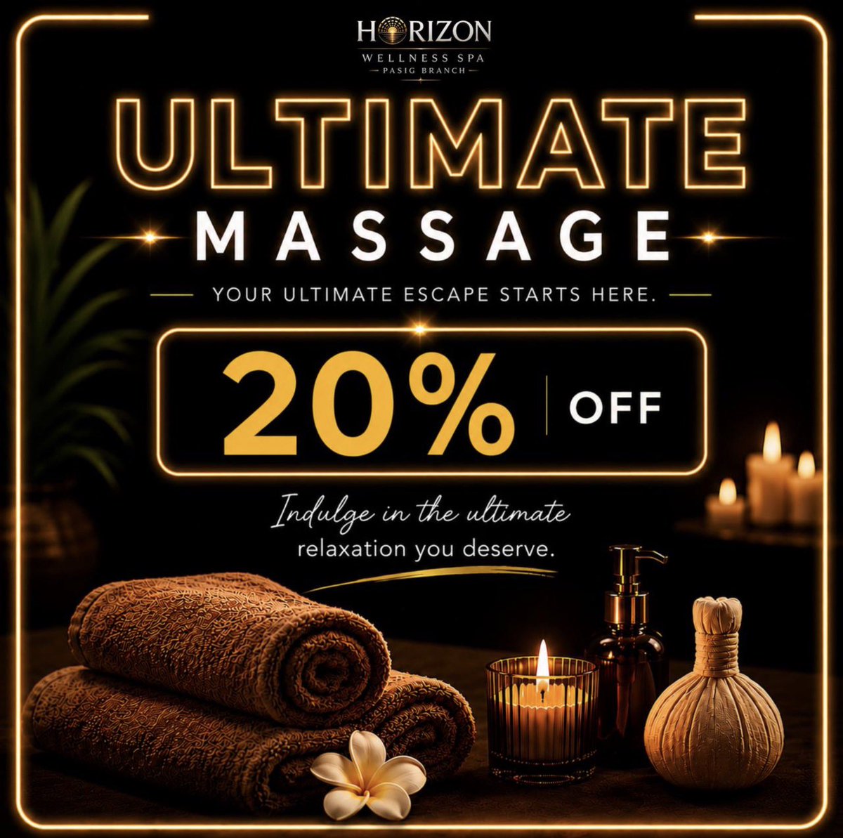 HorizonSpaPasig's tweet photo. 🌞 Sunday Special: End the Week with Relaxation! 💛

Make the most of your Sunday with a well-deserved break before a new week begins.

🎉 Enjoy 20% OFF on our Ultimate Massage & Twilight Massage—available this Sunday only!

💆‍♂️ Let our therapists help you relax, recharge, and melt away the stress of the week, so you can start Monday feeling refreshed and renewed.

✨ Because the best way to end the weekend is by taking care of yourself.

📍 Horizon Wellness Spa Pasig.