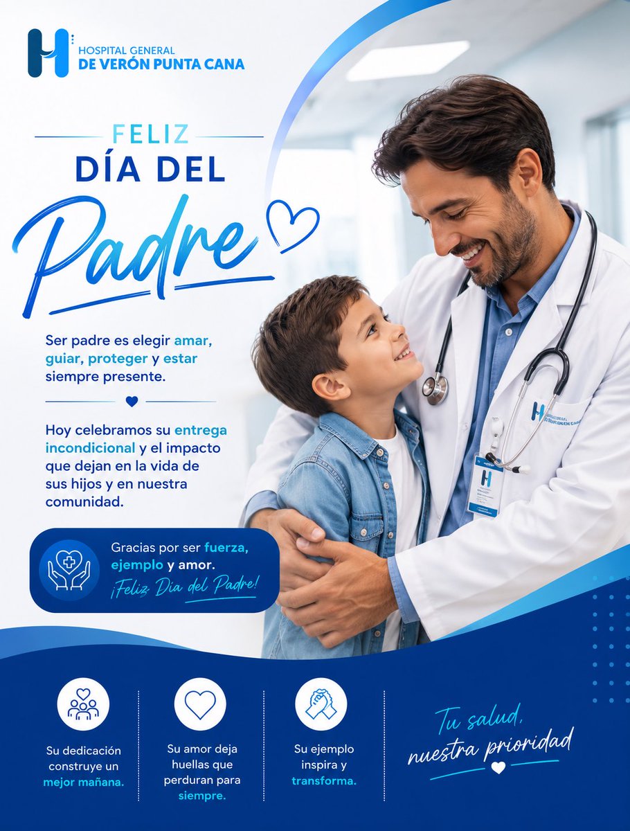 Hospitalveronpc's tweet photo. 💙 En el Día del Padre, celebramos a quienes con amor, dedicación y ejemplo cuidan de sus familias y de nuestra comunidad.

¡Feliz Día del Padre! 👨‍⚕️👨‍👧

#DiaDelPadre #HospitalGeneralDeVeronPuntaCana #VeronPuntaCana #LaAltagracia https://t.co/2NHfs0vWQE