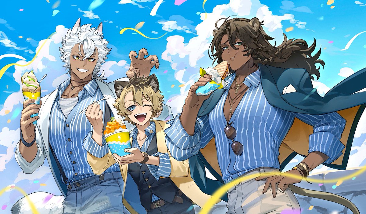 WYY1KWKV88gg8uo's tweet photo. ジャックハウル＋ラギー＋レオナ　
夏っぽい寮イベが見たいなのイラスト https://t.co/tkzKPODDqq