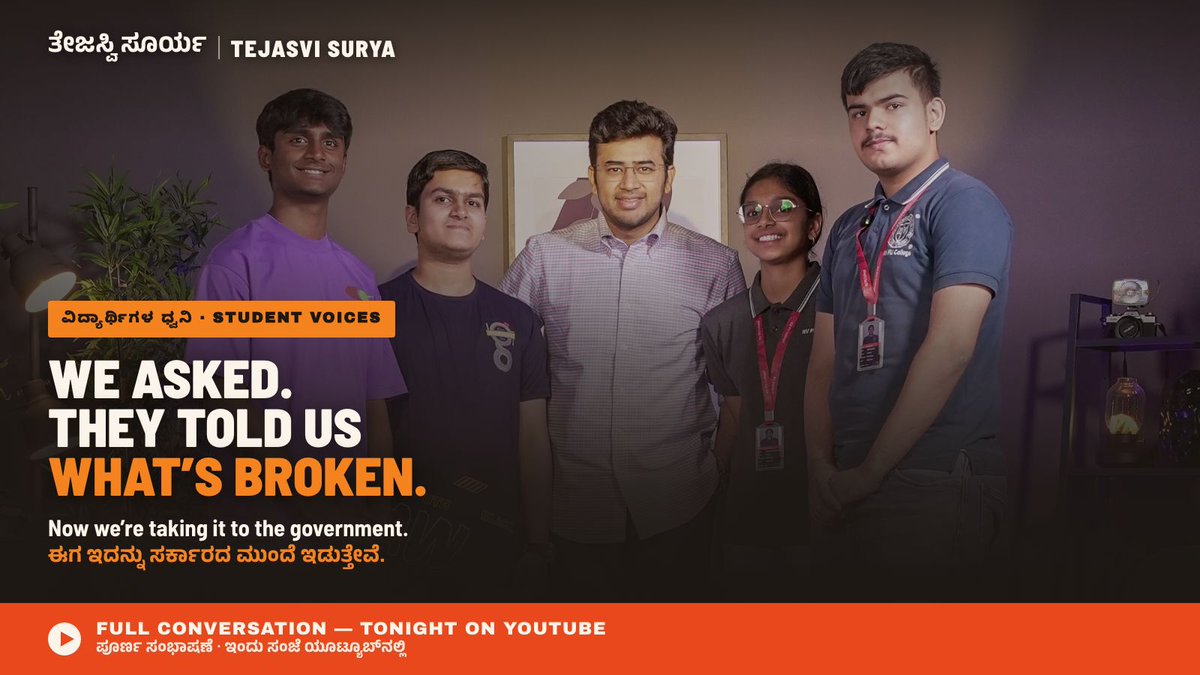 Tejasvi_Surya's tweet photo. I didn't call these four students to congratulate them. I called them to listen.

Two of them have just cleared NEET. Two are in the middle of preparing for it right now. And for an hour, they told me honestly, without filtering it for a politician in the room, what the system actually feels like from a student's side.

Only this much and make it positive. The students shared their insights on the examination process and suggested ways to make it more student-friendly. They highlighted issues such as exam-cycle uncertainty, rising coaching costs, counselling delays, inadequate mental health support, and the high cost of private medical education.

Here's what I told them, and what I'm saying publicly: these aren't complaints. They're inputs. I'm taking each of these to the concerned ministry and to the officials who can actually change them because policy that affects lakhs of students should be shaped by students, not written over their heads.

If you're a NEET aspirant, or a parent of one, this conversation is for you. Watch it tonight and tell me in the comments what we missed. I'm reading every one, and it goes on the same list.

Full conversation tonight on YouTube.

#NEET #NammaBengaluru #BengaluruSouth #StudentVoices