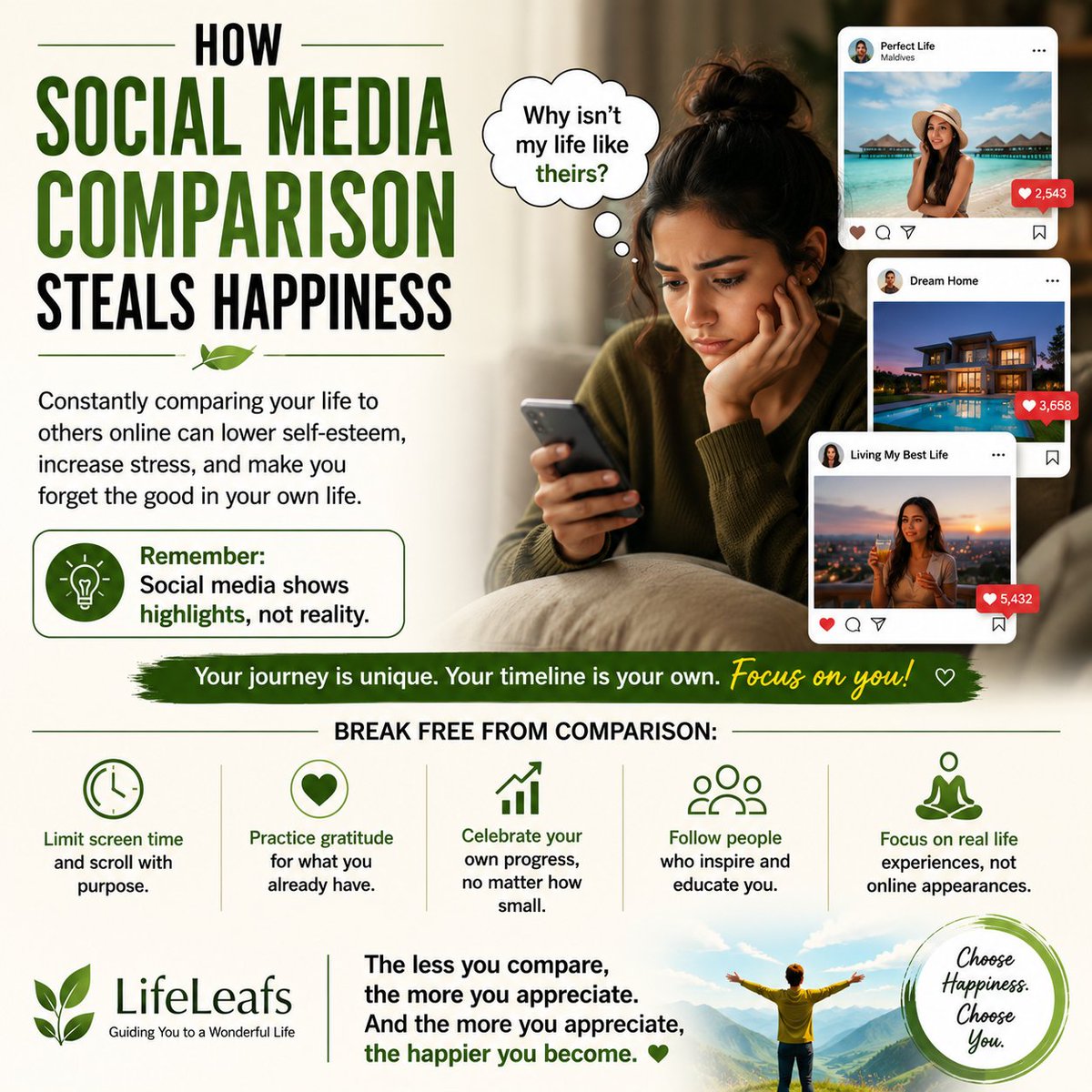 LifeLeafs's tweet photo. Social media shows highlights, not reality.

The more you compare your life to someone else's feed, the more you risk losing sight of your own progress and happiness.

Focus on your journey. Celebrate your growth. Your timeline is uniquely yours. 🌿

#MentalHealth #SelfGrowth https://t.co/I38t6Gwhee