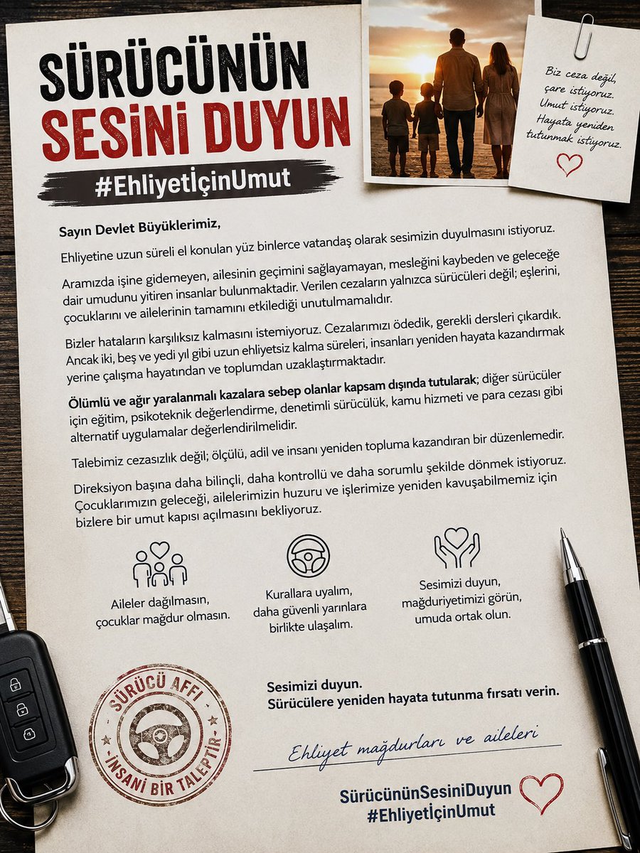 davut_ekici's tweet photo. Sayın Cumhurbaşkanımız, Sayın TBMM Başkanımız, Sayın Bakanlarımız ve Değerli Milletvekillerimiz,

Bu mektup yalnızca ehliyetini kaybetmiş sürücülerin değil; onların eşlerinin, çocuklarının, anne ve babalarının ortak sesidir.

Birçok aile için ehliyet yalnızca bir belge değildir. İşe gitmenin, ekmek kazanmanın, çocuğunu okula götürmenin, hastasını hastaneye ulaştırmanın ve hayata tutunmanın anahtarıdır.

Uzun süreli ehliyetsiz kalmak, verilen para cezasından çok daha ağır sonuçlar doğurmaktadır. İnsanlar işlerini kaybediyor, ekonomik sıkıntılar büyüyor, aile düzeni bozuluyor ve umutlar tükeniyor.

Bizler hatalarımızın sorumluluğunu inkâr etmiyoruz. Trafik güvenliğinin önemini biliyor ve kurallara uymanın hayati olduğuna inanıyoruz. Ancak cezanın amacı yalnızca cezalandırmak değil, kişiyi yeniden topluma kazandırmak olmalıdır.

Bu nedenle, ölümlü kazalara neden olanlar hariç olmak üzere, uzun süreli ehliyet geri alma yaptırımlarının yeniden değerlendirilmesini, mağduriyetleri azaltacak adil ve dengeli bir düzenleme yapılmasını saygıyla talep ediyoruz.

Atılacak insani ve adil bir adım, yalnızca sürücülere değil, milyonlarca aileye umut olacaktır.

Bizler yeniden çalışmak, üretmek, ailemizin yanında olmak ve kurallara bağlı şekilde hayatımıza devam etmek istiyoruz.

Sesimizi duyacağınıza ve bu çağrımızı vicdanla değerlendireceğinize inanıyoruz.

Saygılarımızla,

Ehliyet mağdurları ve aileleri

SürücününSesiniDuyun
#EhliyetİçinUmut 
@RTErdogan 
@Akparti